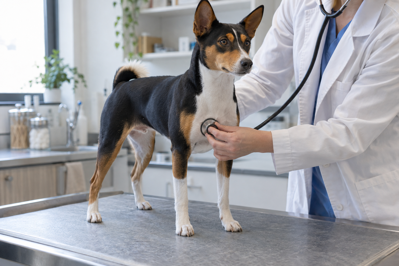 Veterinár šetrne vyšetruje stavbu tela pokojného psa